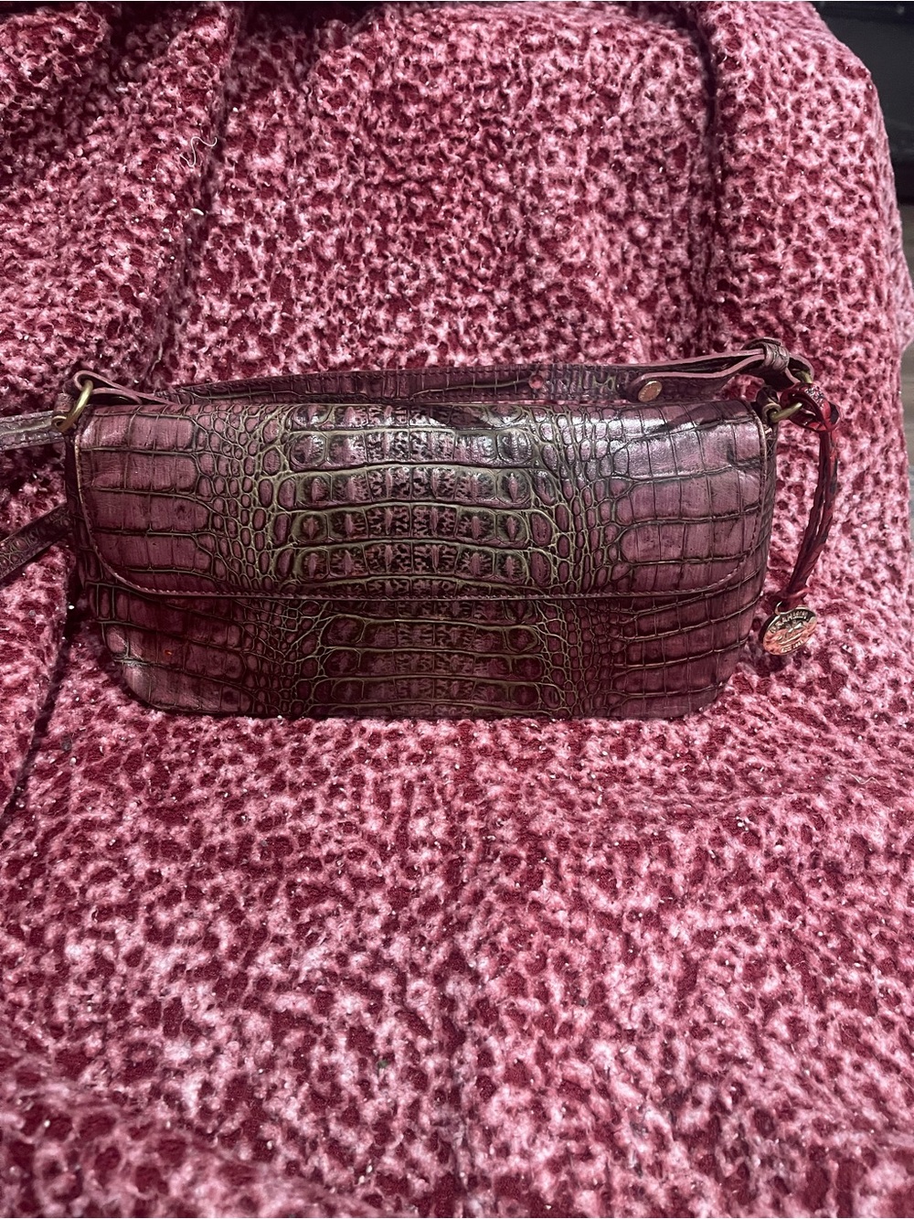 Brahmin Croc-Embossed Burgundy Leather Shoulder Bag